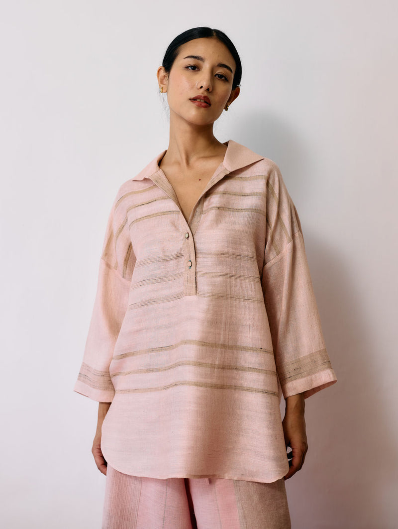 Dayana Handwoven Tussar Silk Top-Ecru Pink tussar katiya silk top/shirt by Manan in natural for women Worldwide