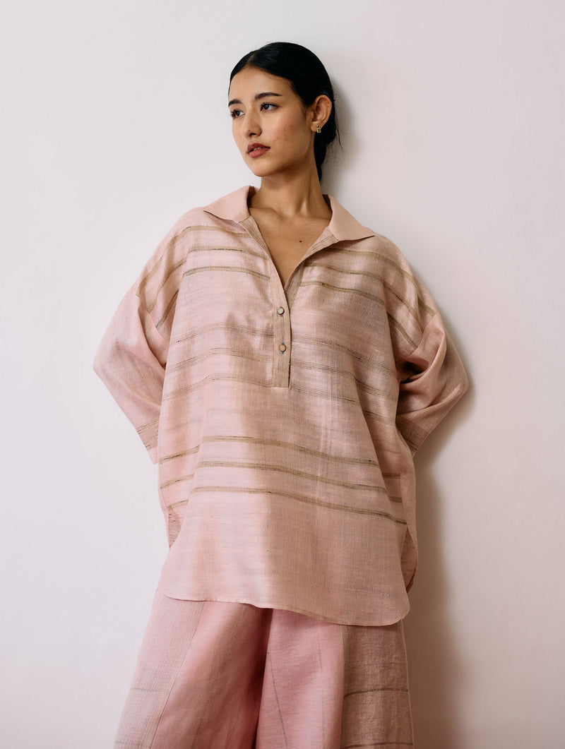 Dayana Handwoven Tussar Silk Top-Ecru Pink tussar katiya silk top/shirt by Manan in natural for women Worldwide