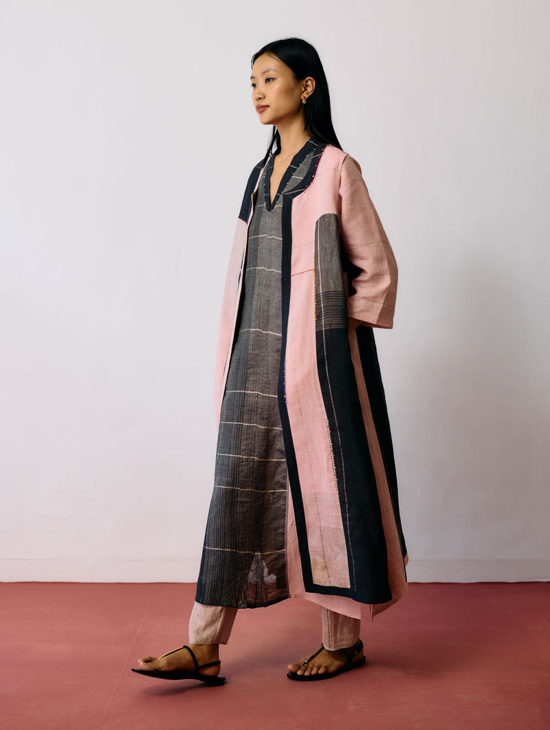 Shal Patchwork Linen Sleeveless Jacket linen jacket/overlay by Manan in pink, black for women Worldwide