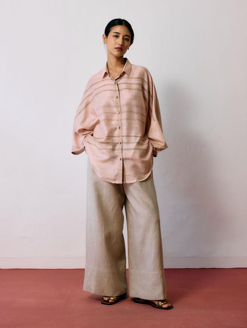 Ines Handwoven Tussar Silk Shirt-Ecru Pink tussar katiya silk top/shirt by Manan in natural for women Worldwide
