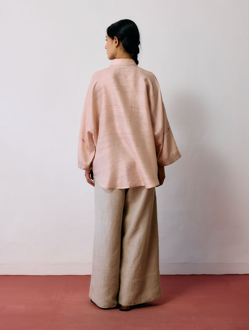 Ines Handwoven Tussar Silk Shirt-Ecru Pink tussar katiya silk top/shirt by Manan in natural for women Worldwide