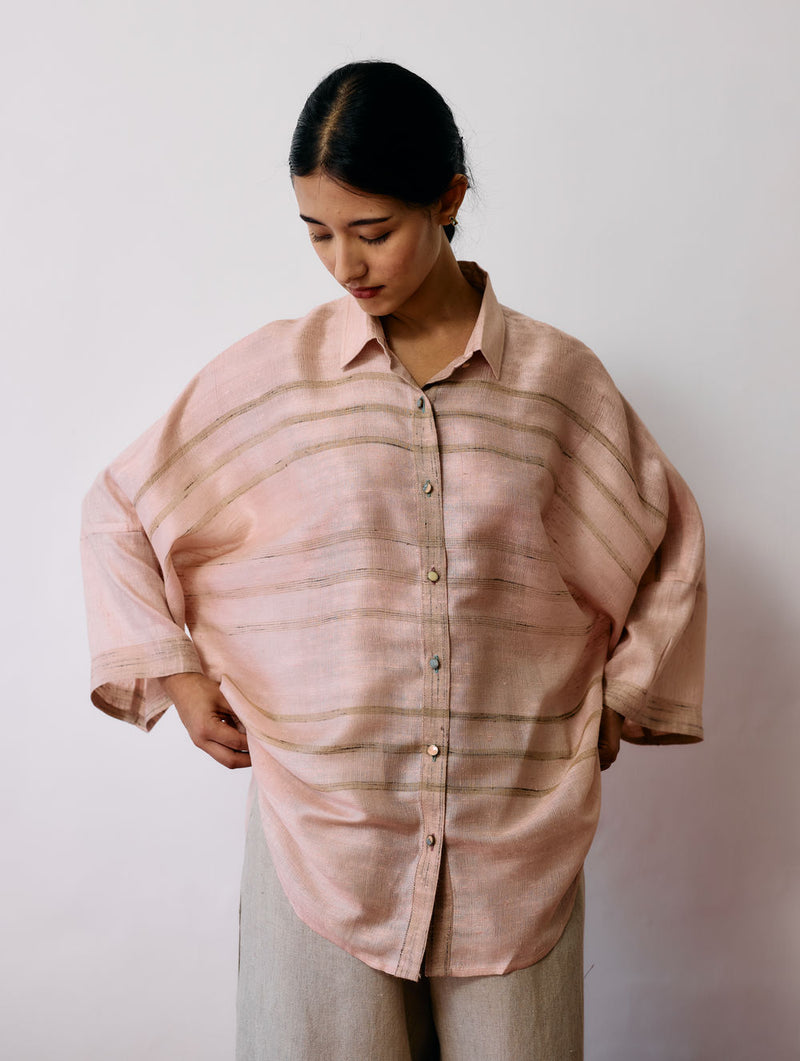 Ines Handwoven Tussar Silk Shirt-Ecru Pink tussar katiya silk top/shirt by Manan in natural for women Worldwide