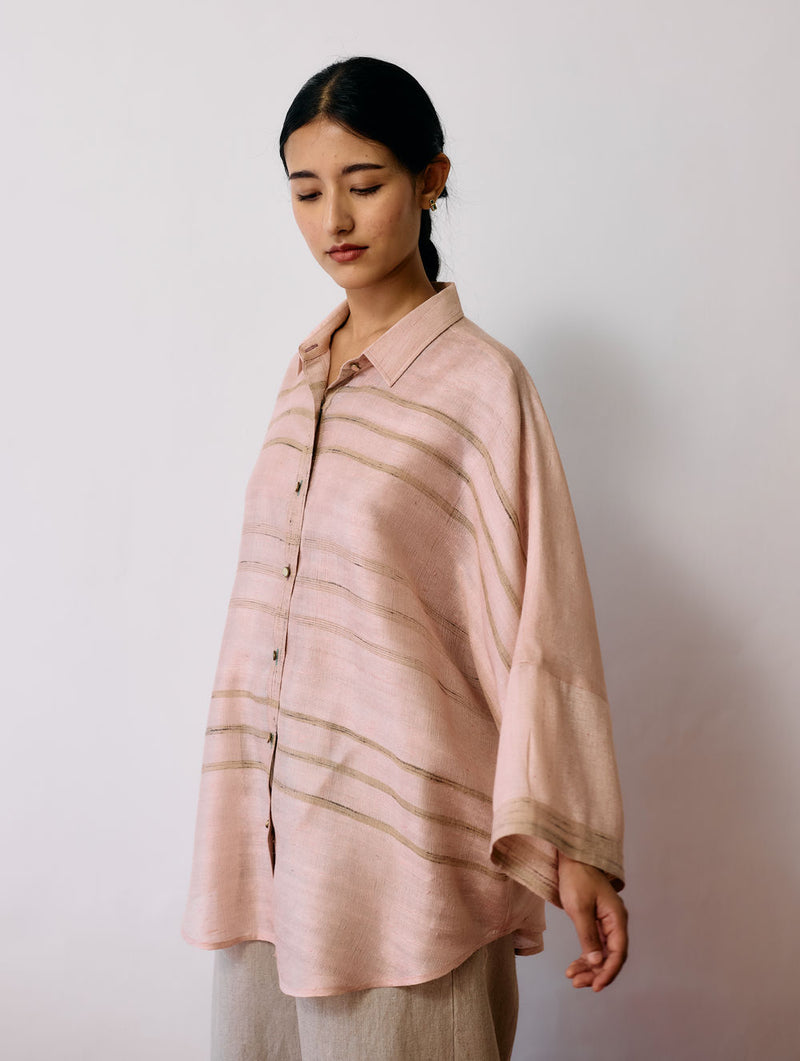 Ines Handwoven Tussar Silk Shirt-Ecru Pink tussar katiya silk top/shirt by Manan in natural for women Worldwide
