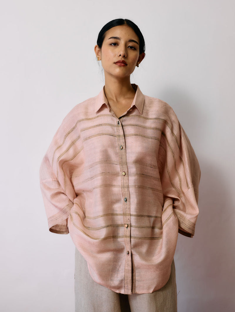 Ines Handwoven Tussar Silk Shirt-Ecru Pink tussar katiya silk top/shirt by Manan in natural for women Worldwide
