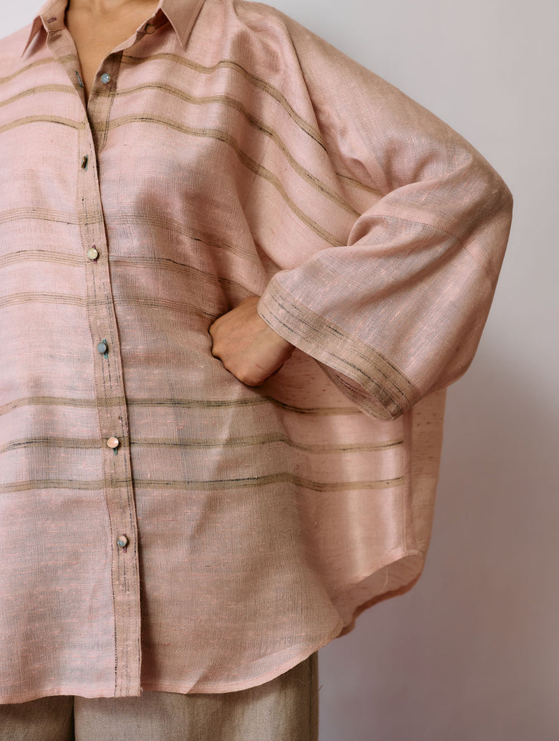 Ines Handwoven Tussar Silk Shirt-Ecru Pink tussar katiya silk top/shirt by Manan in natural for women Worldwide