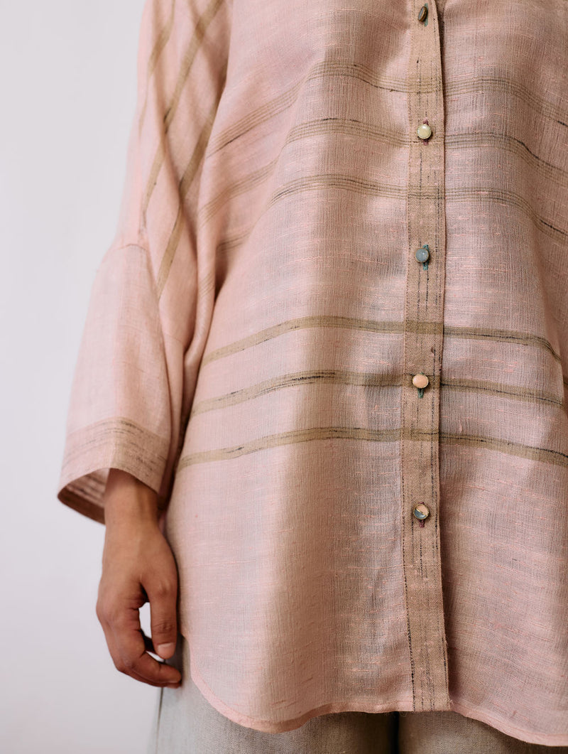 Ines Handwoven Tussar Silk Shirt-Ecru Pink tussar katiya silk top/shirt by Manan in natural for women Worldwide