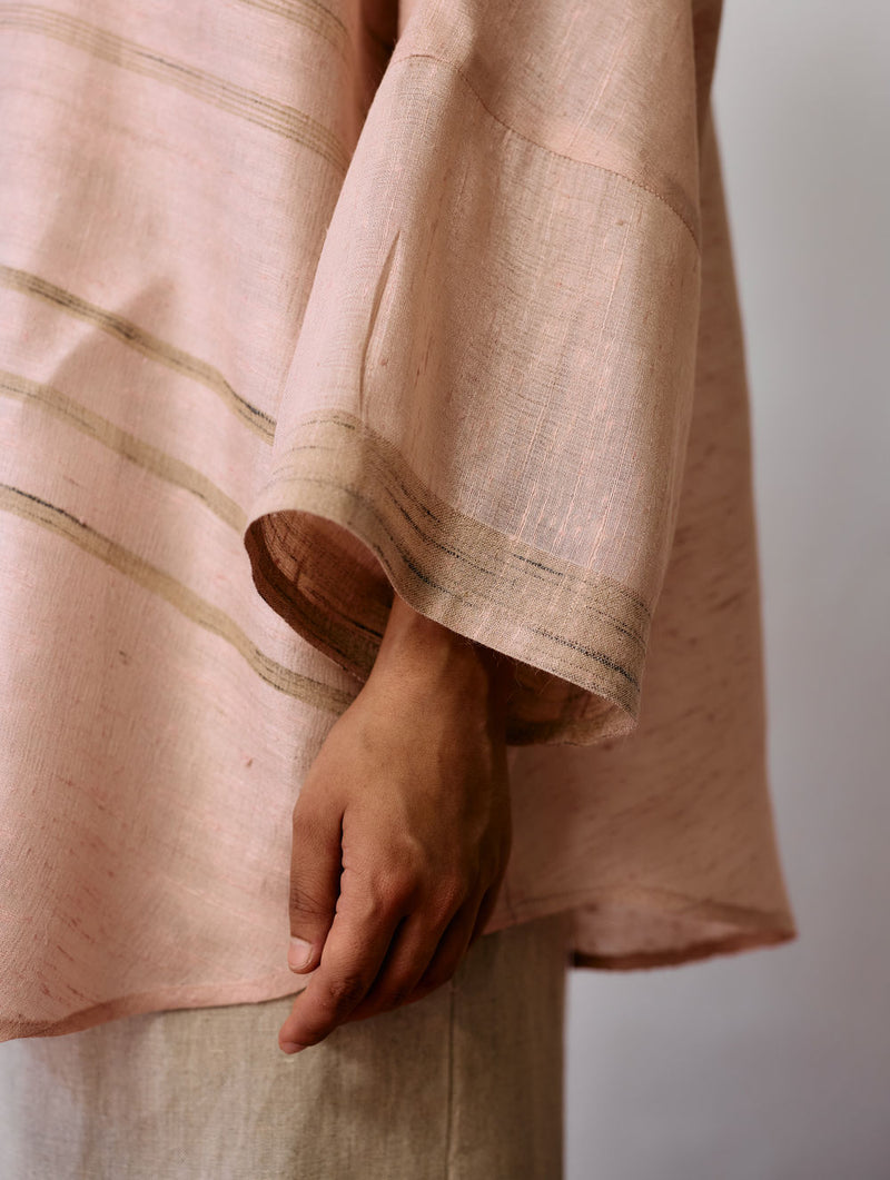 Ines Handwoven Tussar Silk Shirt-Ecru Pink tussar katiya silk top/shirt by Manan in natural for women Worldwide