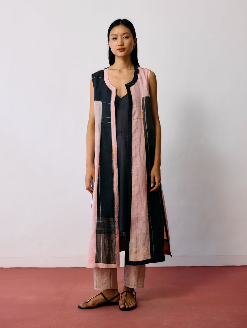 Shal Patchwork Linen Sleeveless Jacket linen jacket/overlay by Manan in pink, black for women Worldwide
