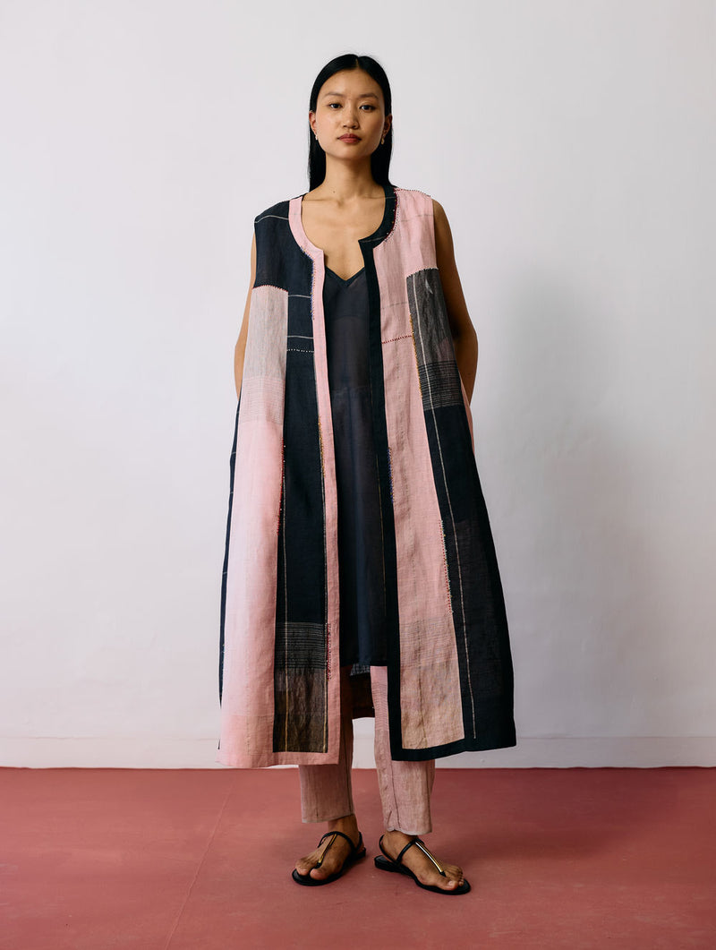 Shal Patchwork Linen Sleeveless Jacket linen jacket/overlay by Manan in pink, black for women Worldwide