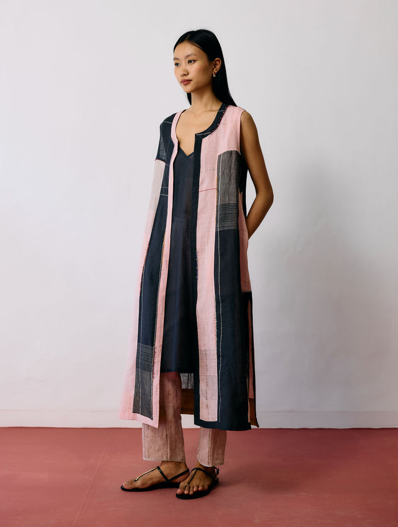 Shal Patchwork Linen Sleeveless Jacket linen jacket/overlay by Manan in pink, black for women Worldwide