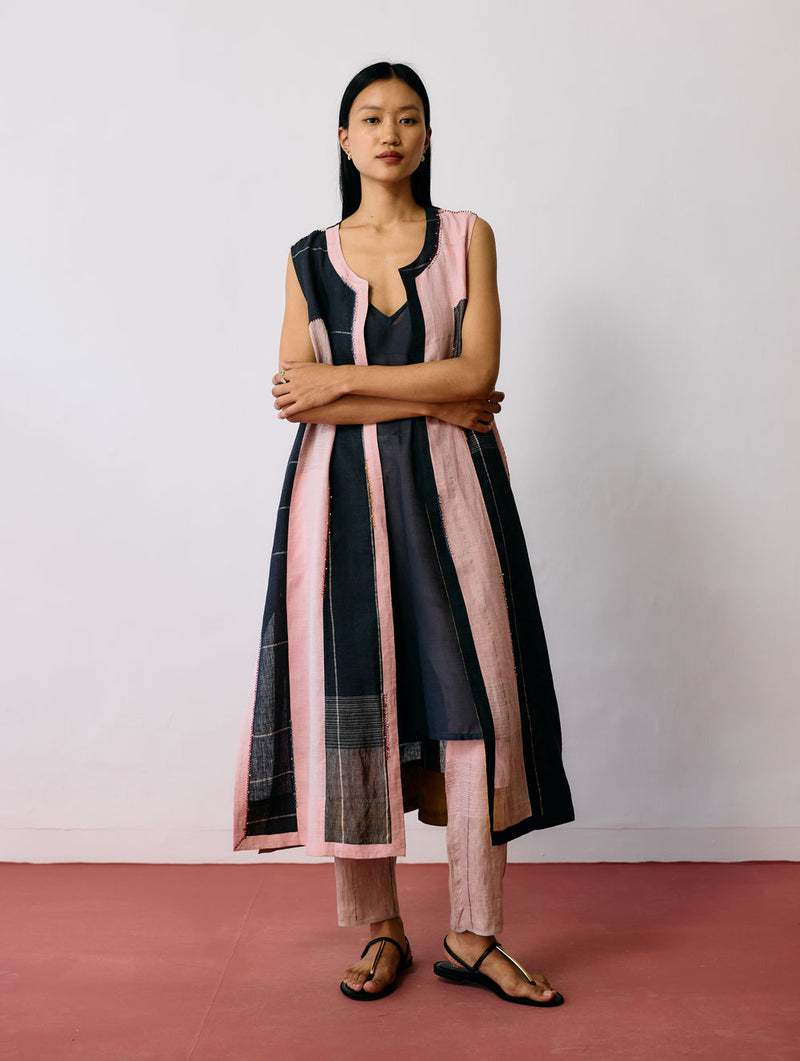 Shal Patchwork Linen Sleeveless Jacket linen jacket/overlay by Manan in pink, black for women Worldwide
