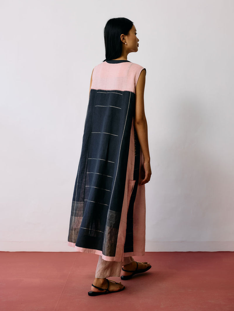 Shal Patchwork Linen Sleeveless Jacket linen jacket/overlay by Manan in pink, black for women Worldwide