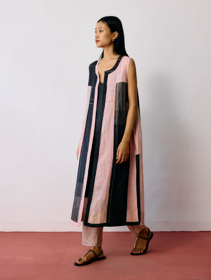 Shal Patchwork Linen Sleeveless Jacket linen jacket/overlay by Manan in pink, black for women Worldwide