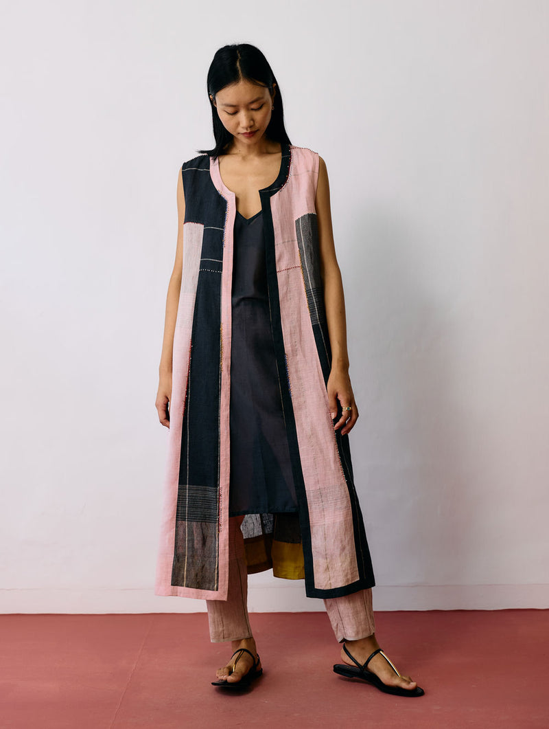 Shal Patchwork Linen Sleeveless Jacket linen jacket/overlay by Manan in pink, black for women Worldwide