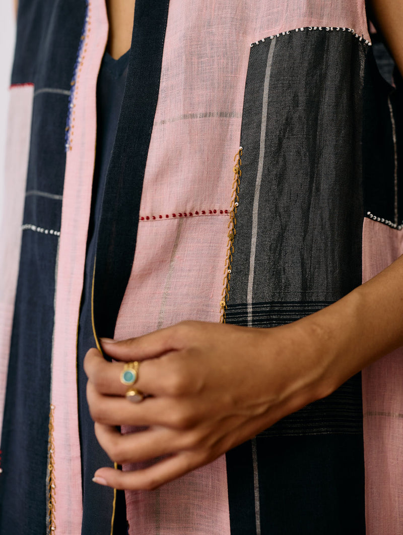 Shal Patchwork Linen Sleeveless Jacket linen jacket/overlay by Manan in pink, black for women Worldwide
