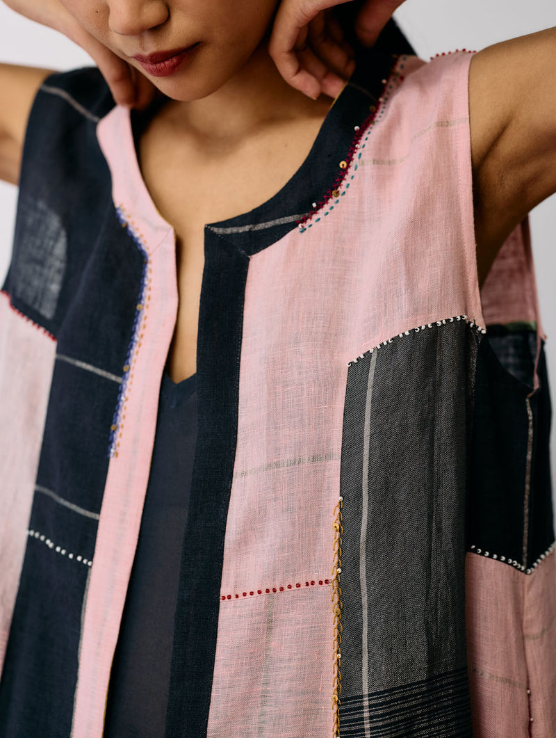 Shal Patchwork Linen Sleeveless Jacket linen jacket/overlay by Manan in pink, black for women Worldwide
