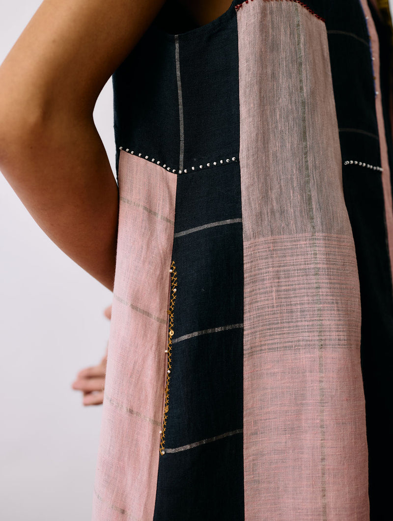 Shal Patchwork Linen Sleeveless Jacket linen jacket/overlay by Manan in pink, black for women Worldwide