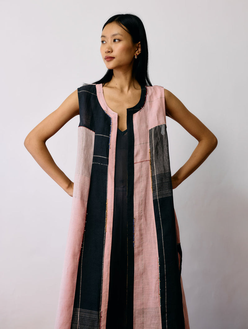 Shal Patchwork Linen Sleeveless Jacket linen jacket/overlay by Manan in pink, black for women Worldwide