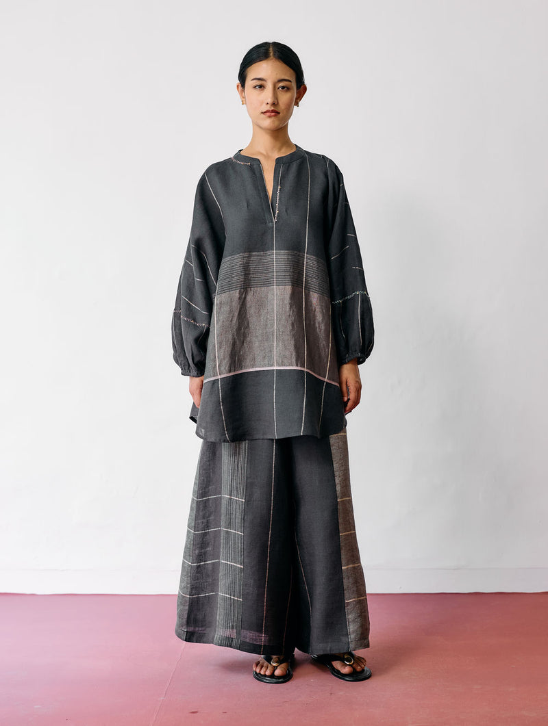 Raza Metallic Linen Co-ord-Charcoal linen co-ord set by Manan in black for women Worldwide