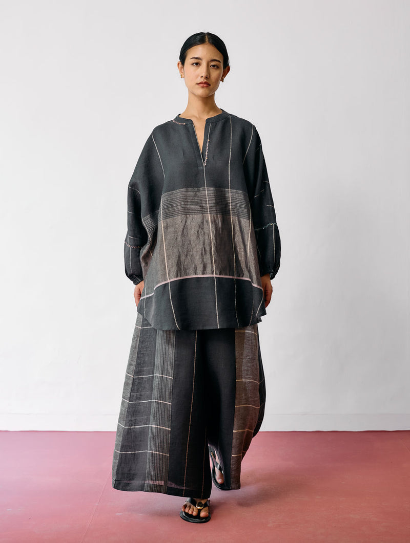 Raza Metallic Linen Top-Charcoal linen top/shirt by Manan in black for women Worldwide