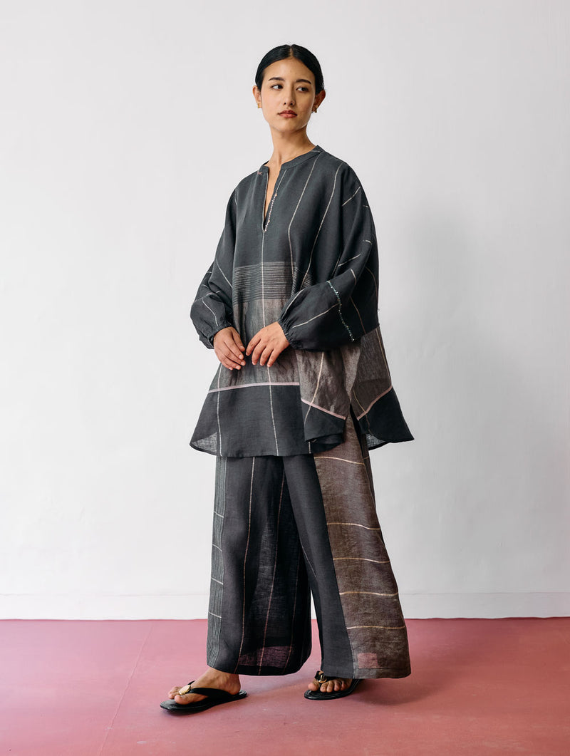 Raza Metallic Linen Co-ord-Charcoal linen co-ord set by Manan in black for women Worldwide