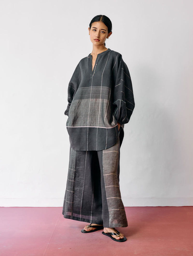 Raza Metallic Linen Co-ord-Charcoal linen co-ord set by Manan in black for women Worldwide