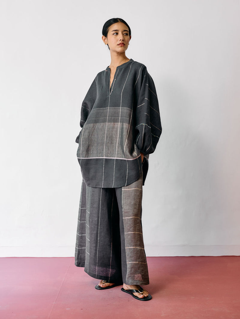 Raza Metallic Linen Co-ord-Charcoal linen co-ord set by Manan in black for women Worldwide