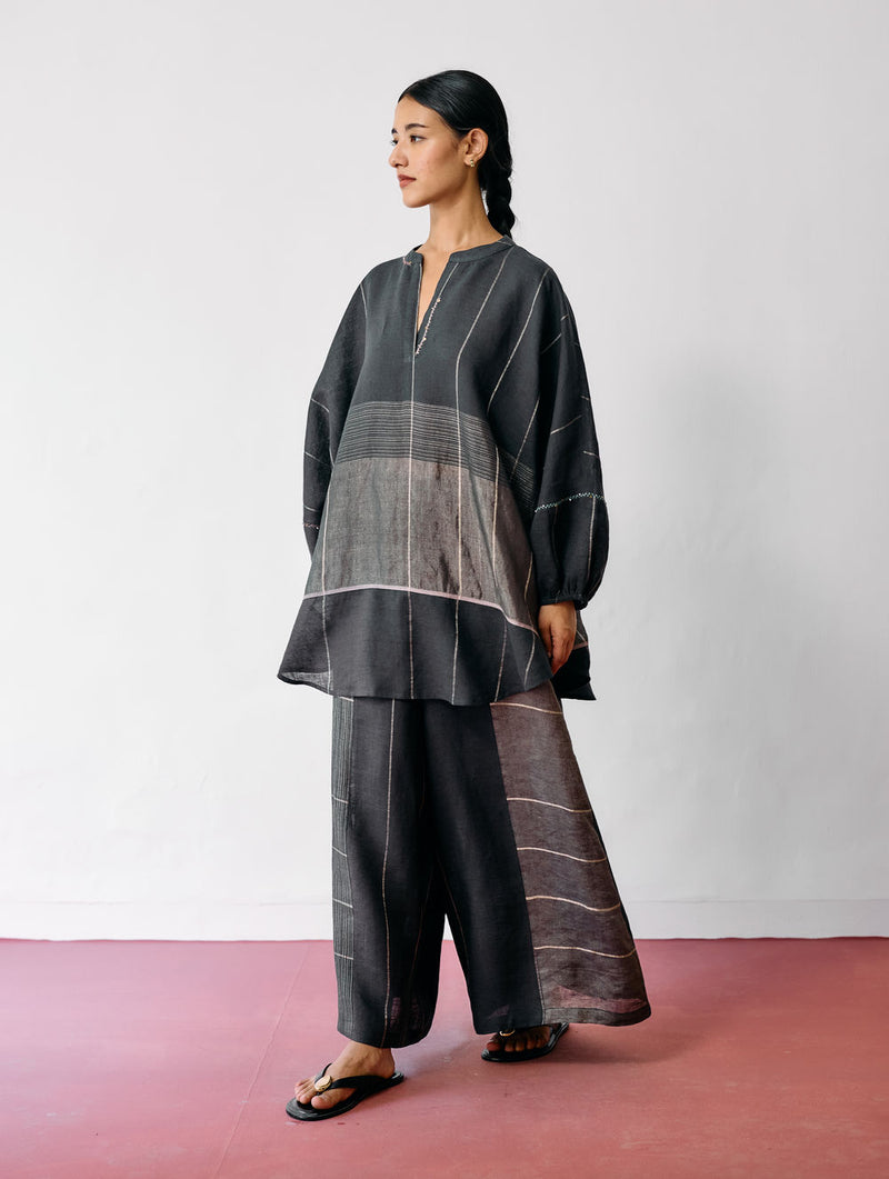 Raza Metallic Linen Co-ord-Charcoal linen co-ord set by Manan in black for women Worldwide