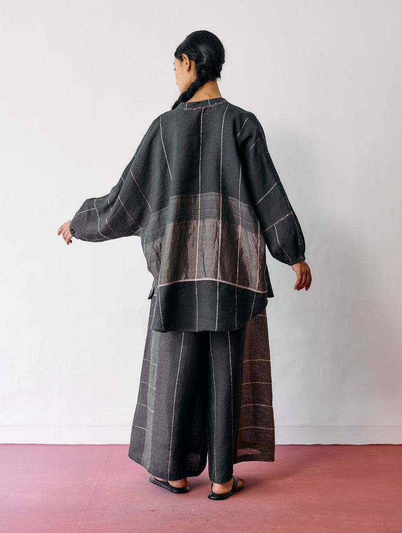 Raza Metallic Linen Co-ord-Charcoal linen co-ord set by Manan in black for women Worldwide