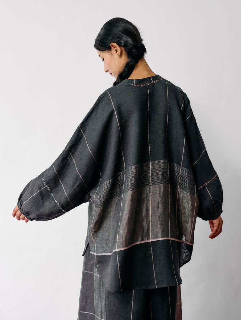 Raza Metallic Linen Top-Charcoal linen top/shirt by Manan in black for women Worldwide