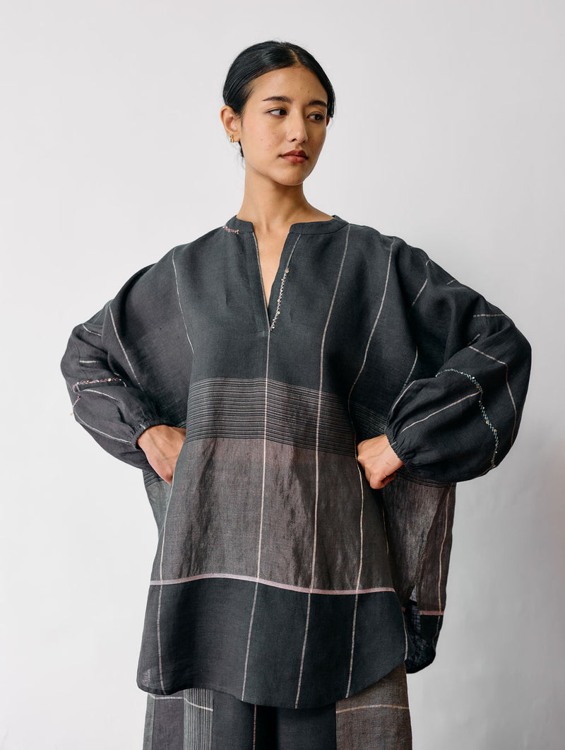 Raza Metallic Linen Top-Charcoal linen top/shirt by Manan in black for women Worldwide