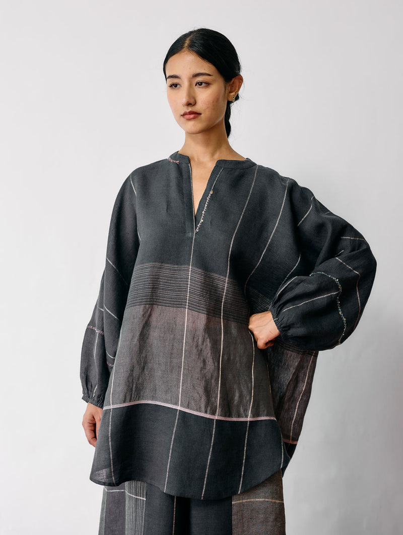 Raza Metallic Linen Top-Charcoal linen top/shirt by Manan in black for women Worldwide