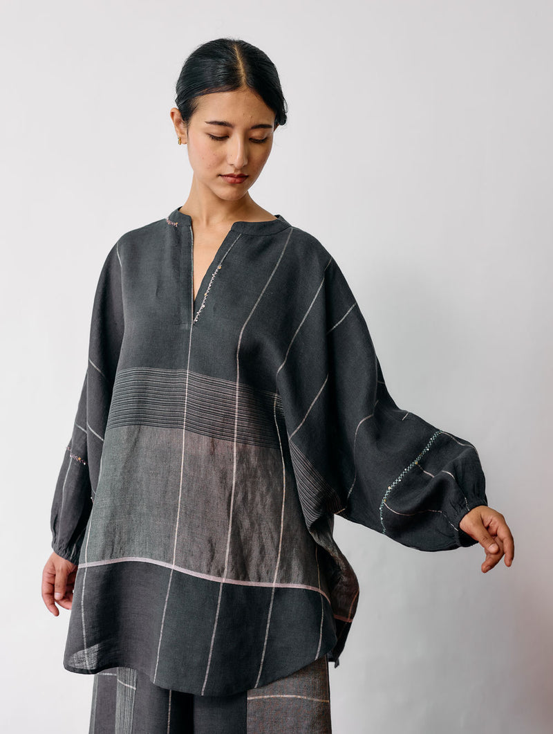 Raza Metallic Linen Co-ord-Charcoal linen co-ord set by Manan in black for women Worldwide