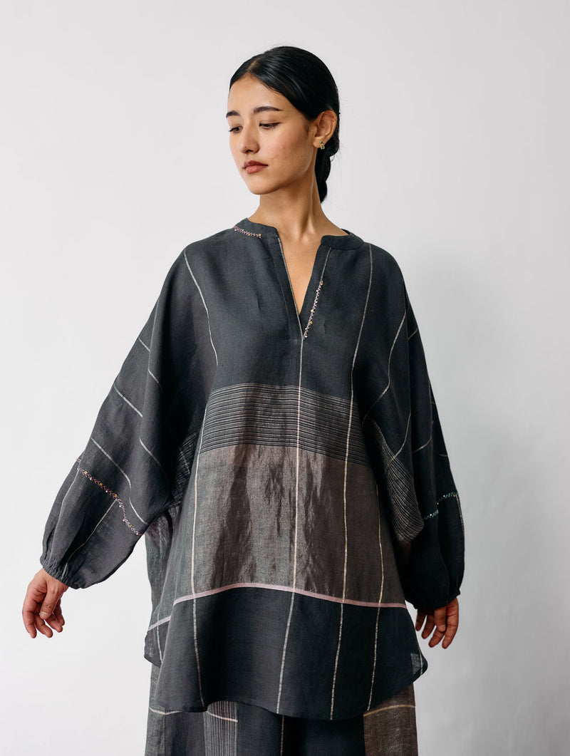 Raza Metallic Linen Top-Charcoal linen top/shirt by Manan in black for women Worldwide