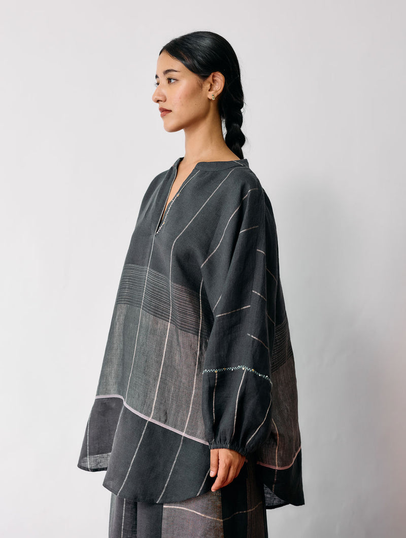 Raza Metallic Linen Top-Charcoal linen top/shirt by Manan in black for women Worldwide