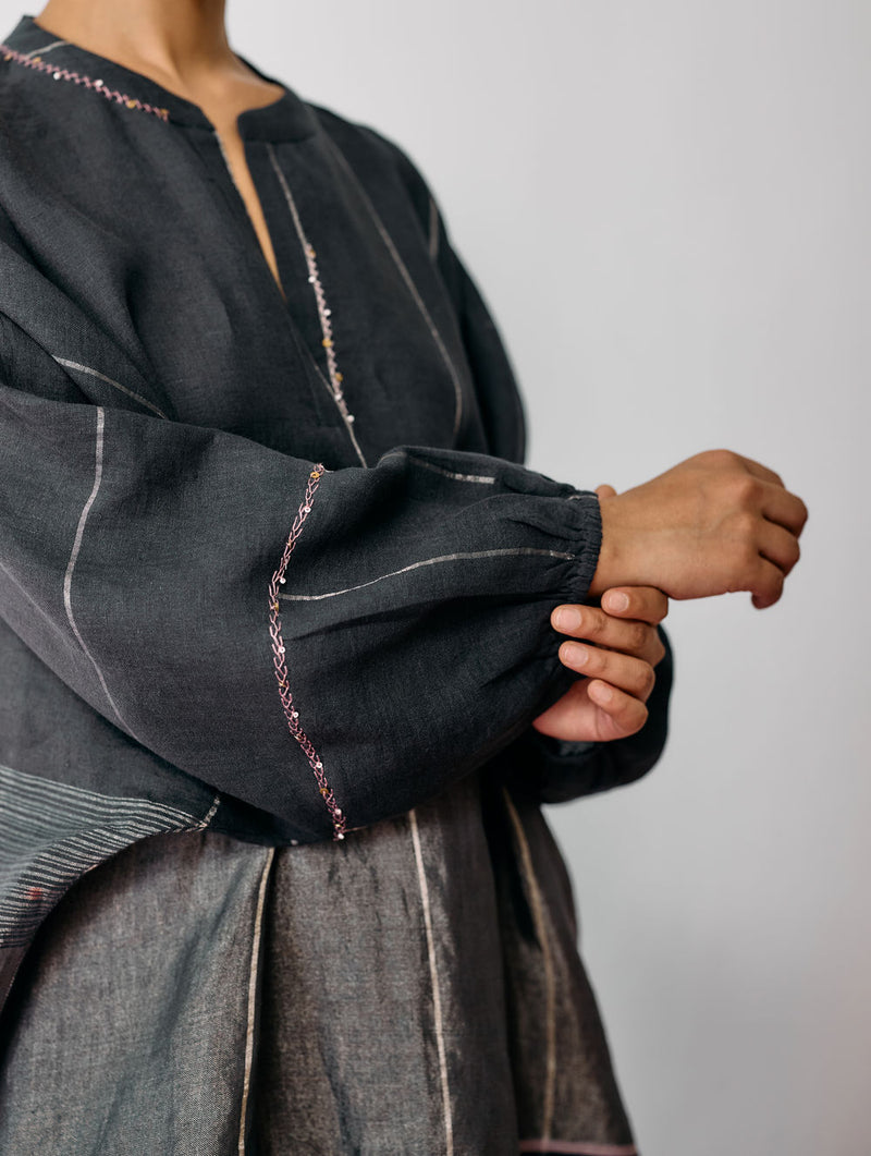 Raza Metallic Linen Top-Charcoal linen top/shirt by Manan in black for women Worldwide