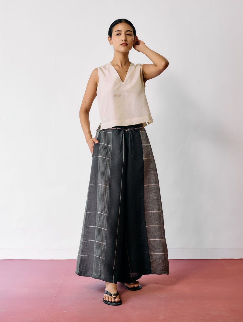 Sera Wide-Leg Metallic Linen Pants-Charcoal linen pant/trousers by Manan in black for women Worldwide