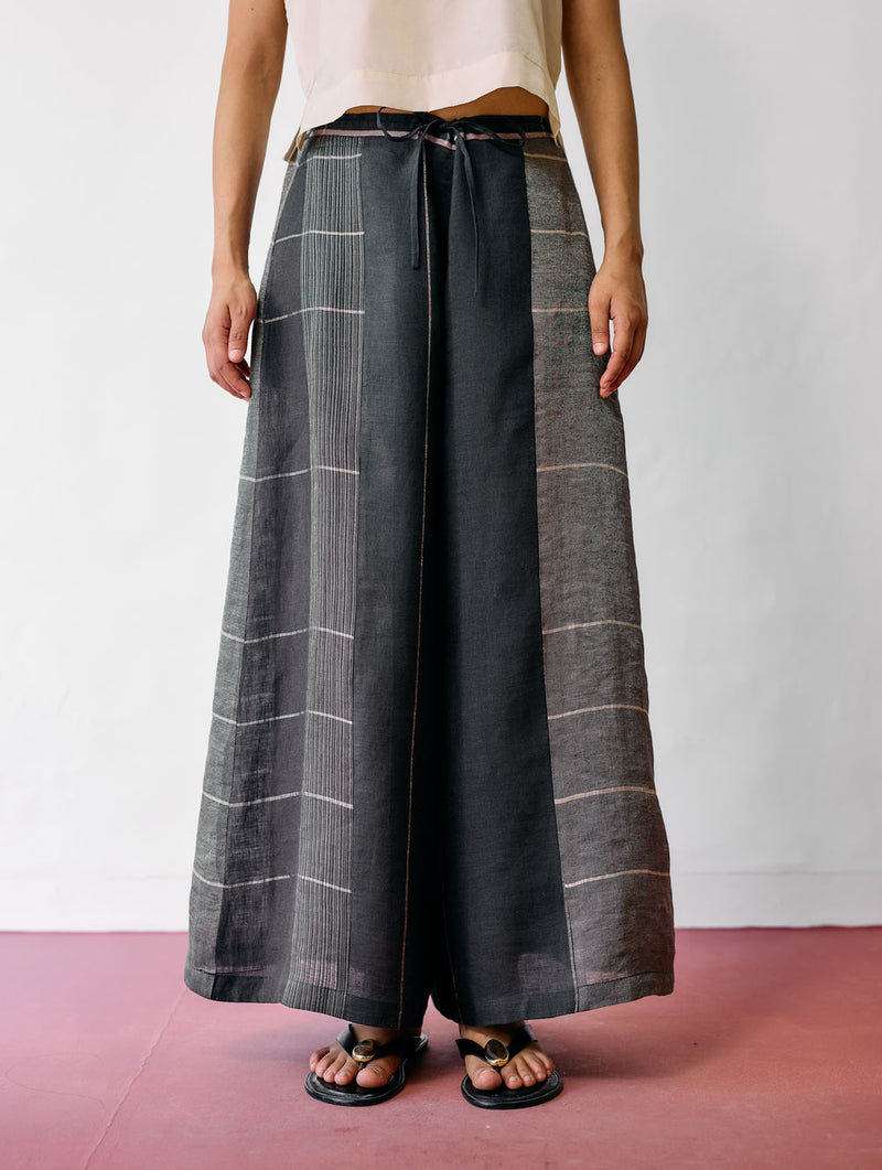 Rira Metallic Linen Long Co-ord-Charcoal linen co-ord set by Manan in black for women Worldwide