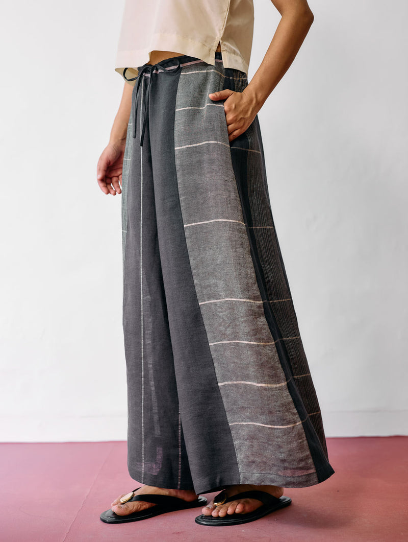 Hanat Hand-Embroidered Bird Co-ord-Charcoal linen co-ord set by Manan in black for women Worldwide
