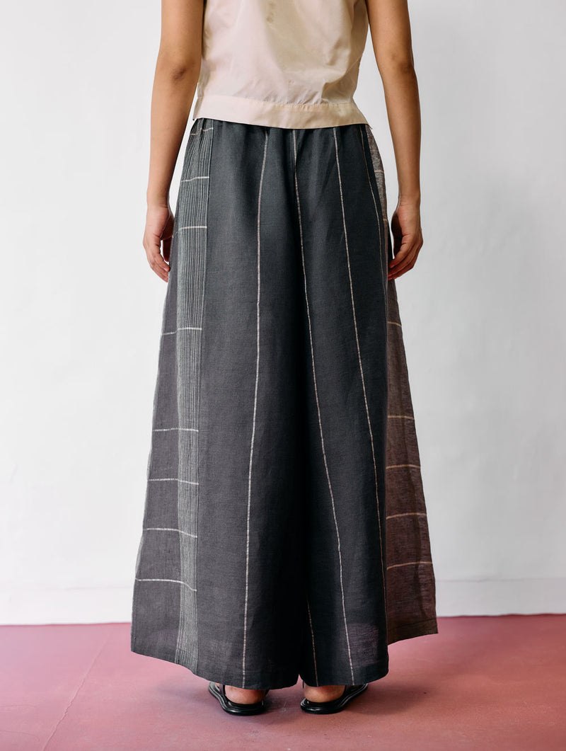 Sera Wide-Leg Metallic Linen Pants-Charcoal linen pant/trousers by Manan in black for women Worldwide
