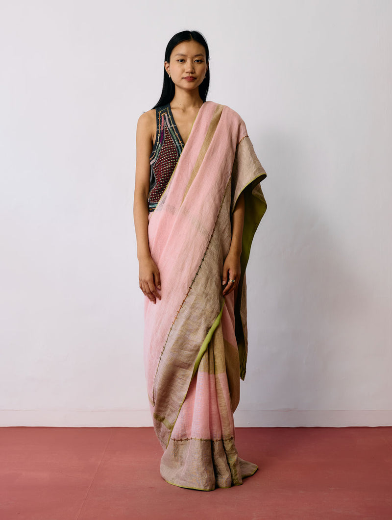 Afra Metallic Handloom Linen Saree-Metallic Pink linen saree by Manan in pink for women Worldwide