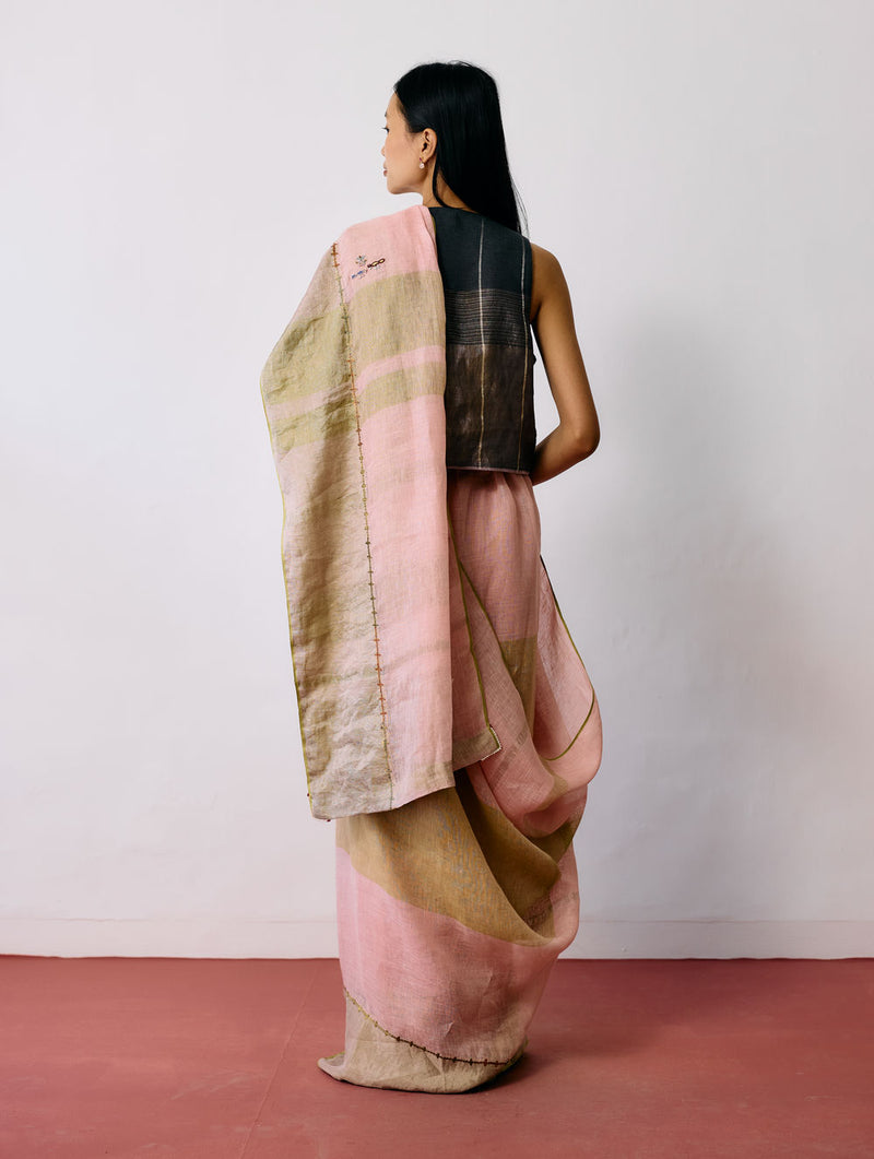Afra Metallic Handloom Linen Saree-Metallic Pink linen saree by Manan in pink for women Worldwide