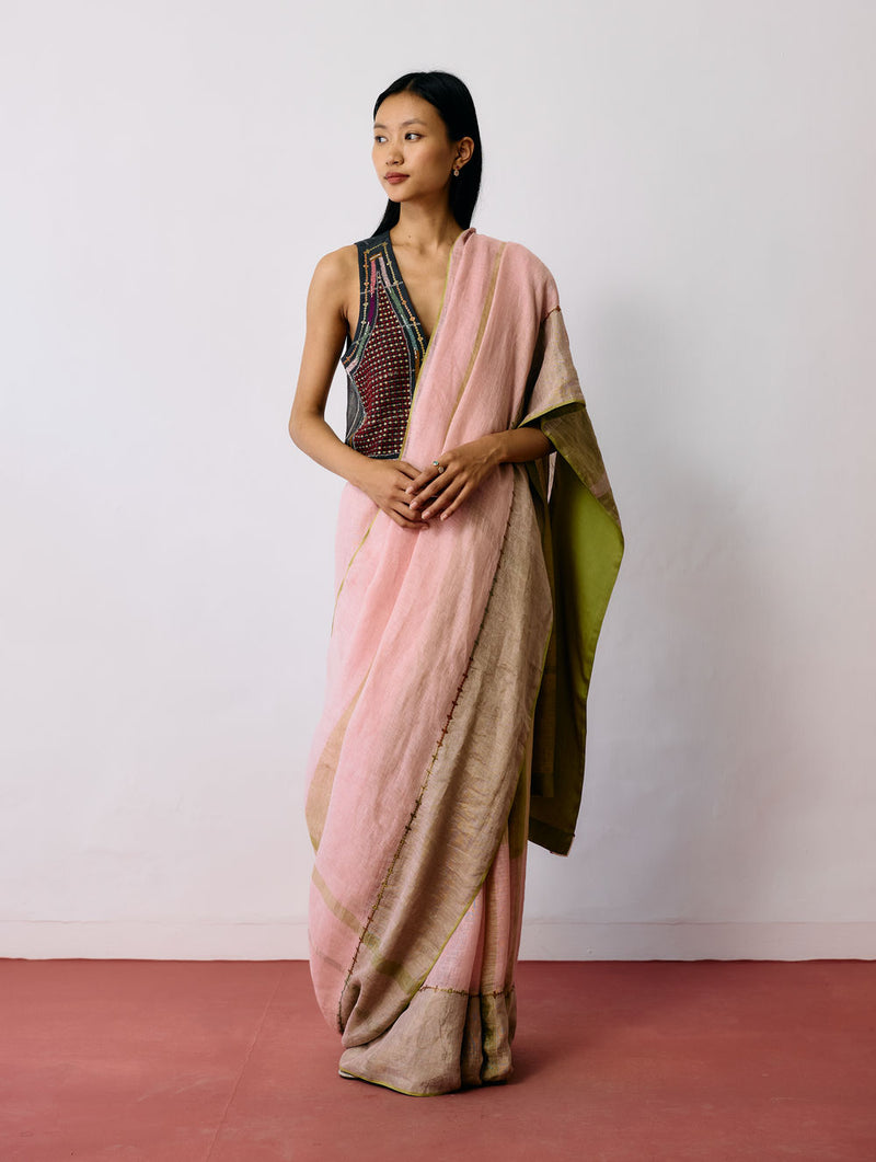 Afra Metallic Handloom Linen Saree-Metallic Pink linen saree by Manan in pink for women Worldwide