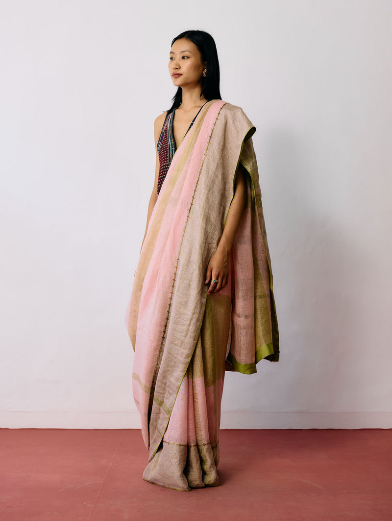 Afra Metallic Handloom Linen Saree-Metallic Pink linen saree by Manan in pink for women Worldwide