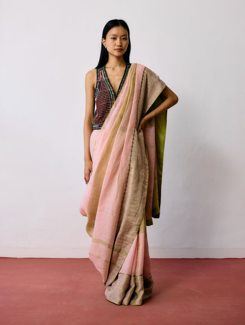 Afra Metallic Handloom Linen Saree-Metallic Pink linen saree by Manan in pink for women Worldwide