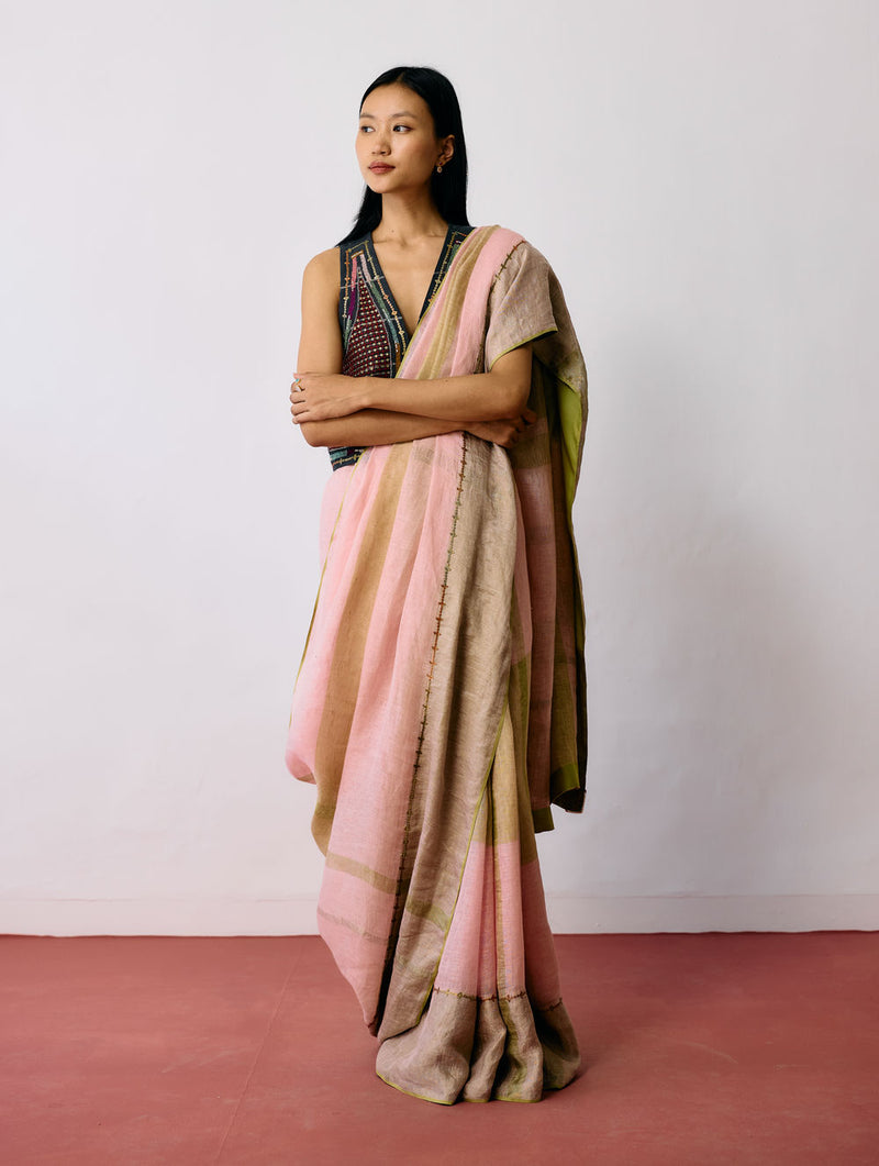 Afra Metallic Handloom Linen Saree-Metallic Pink linen saree by Manan in pink for women Worldwide