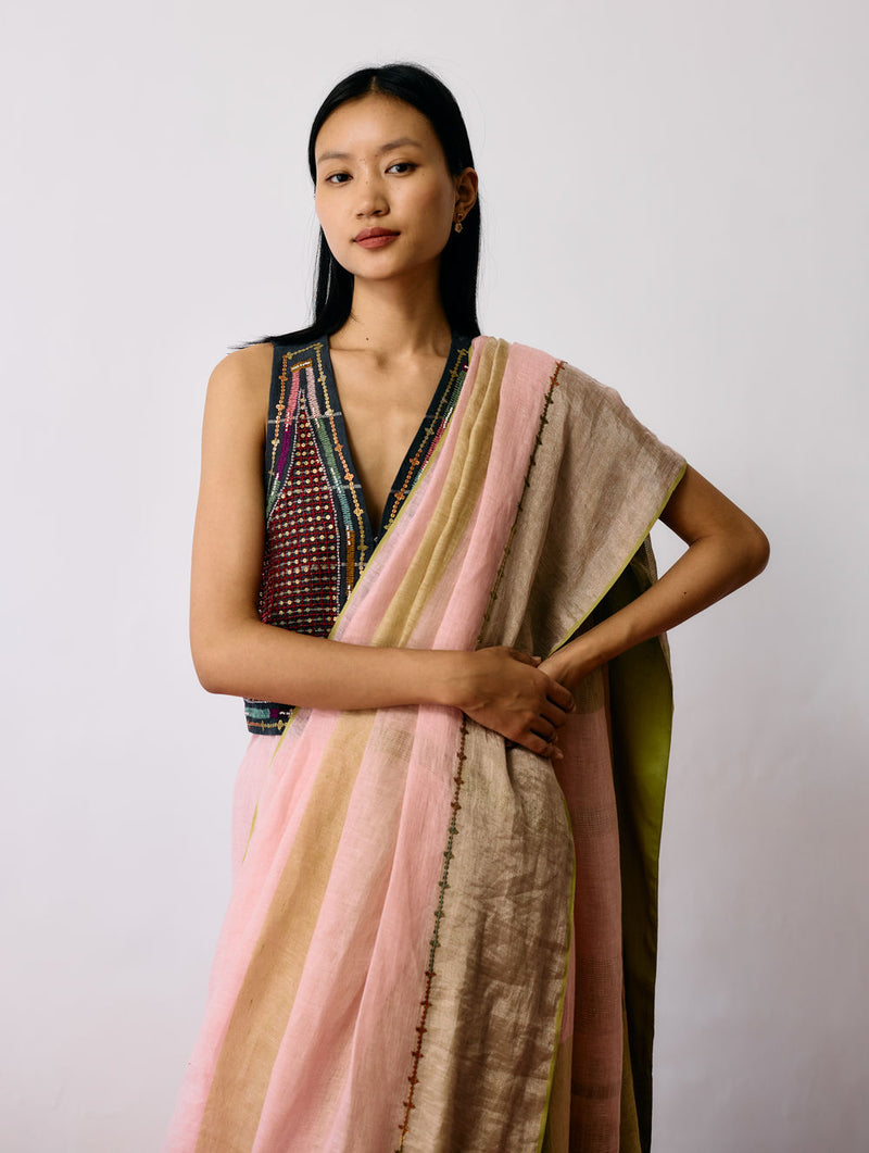 Afra Metallic Handloom Linen Saree-Metallic Pink linen saree by Manan in pink for women Worldwide