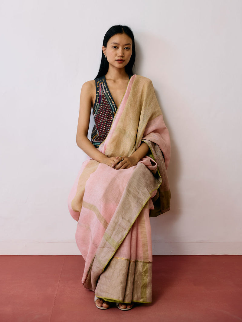 Afra Metallic Handloom Linen Saree-Metallic Pink linen saree by Manan in pink for women Worldwide