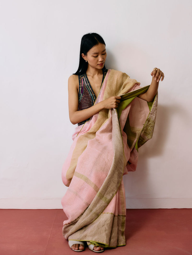 Afra Metallic Handloom Linen Saree-Metallic Pink linen saree by Manan in pink for women Worldwide