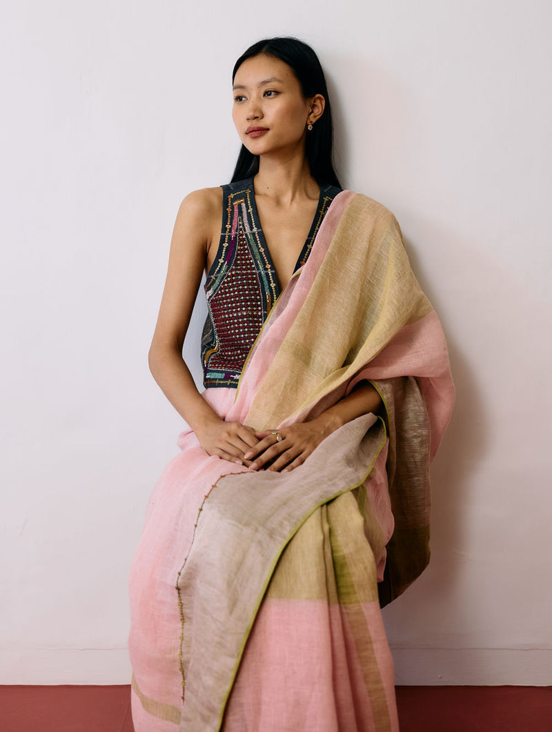 Afra Metallic Handloom Linen Saree-Metallic Pink linen saree by Manan in pink for women Worldwide